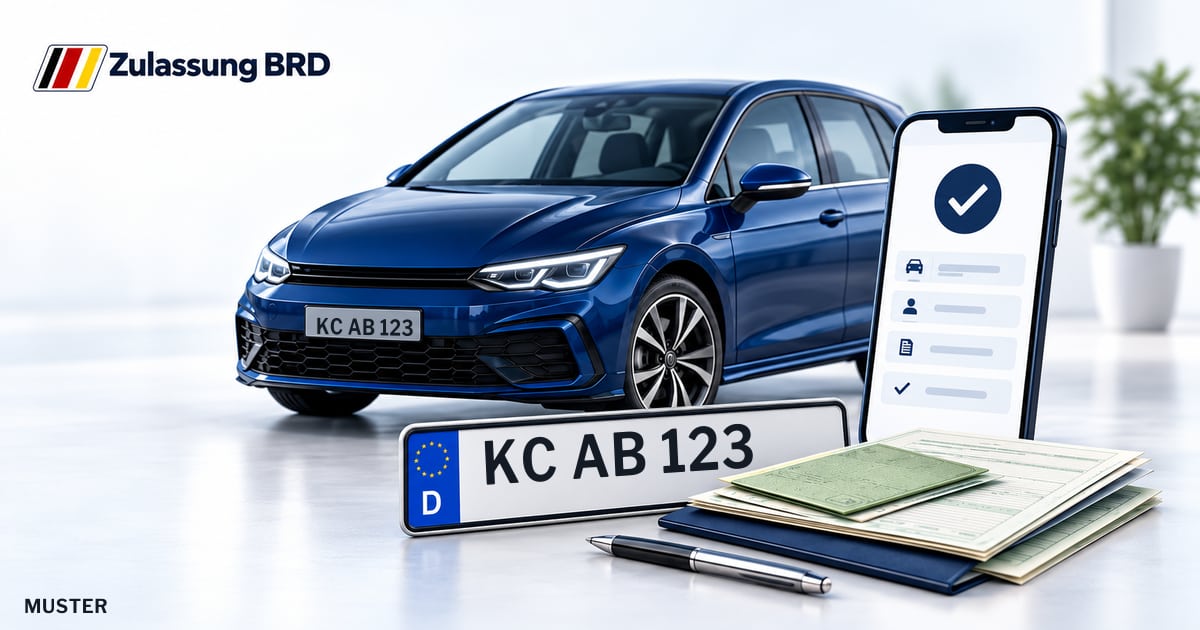 Online Fahrzeugzulassung in Kronach: Musterkennzeichen KC AB 123, Auto und Fahrzeugpapiere und Smartphone. Illustration mit Logo von Zulassung BRD.